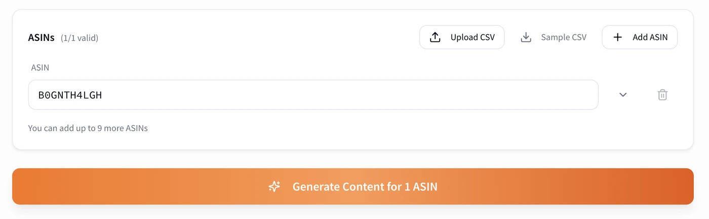 Bulk upload step for generating SEO content across multiple ASINs