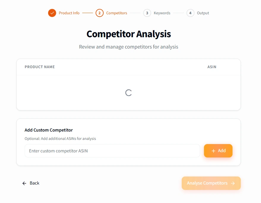 Competitor analysis step with competitor table and custom competitor ASIN field