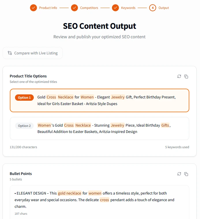 SEO content output with product title options and bullet points