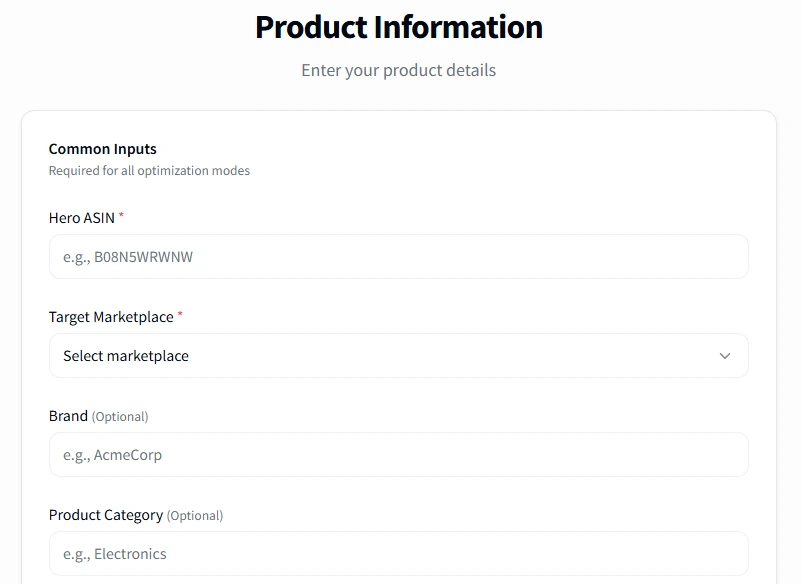 Product information form with Hero ASIN, target marketplace, brand and category fields