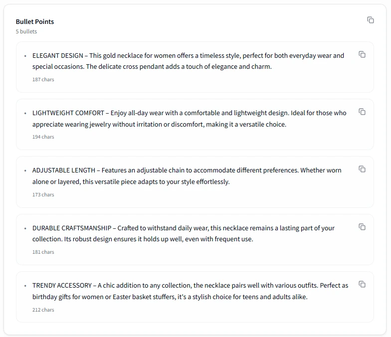 Optimised Amazon bullet points with character counts