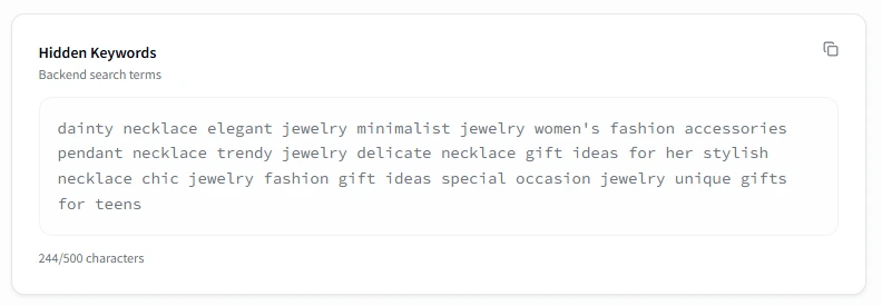 Hidden backend search keywords for an Amazon listing