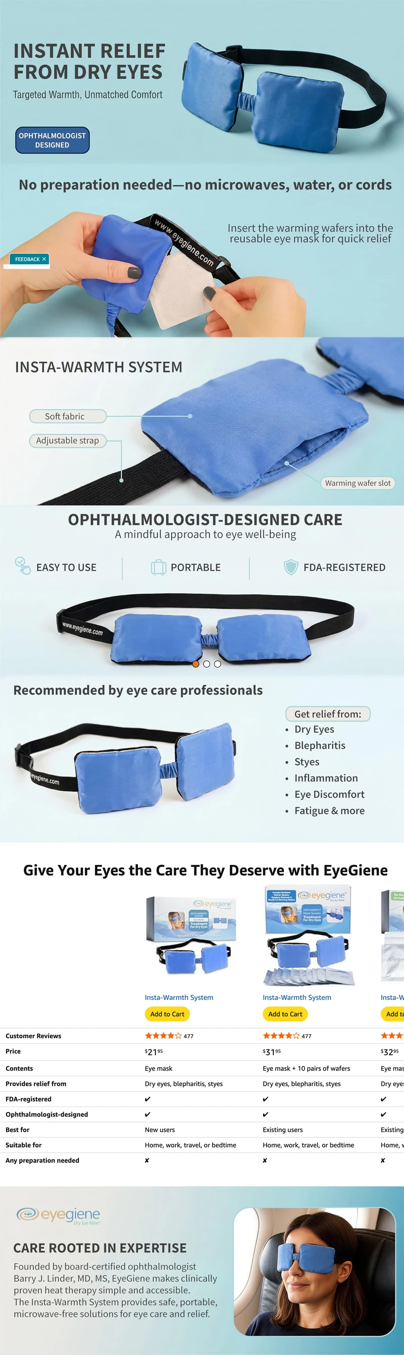 A+ content template for a warming eye mask for dry eyes