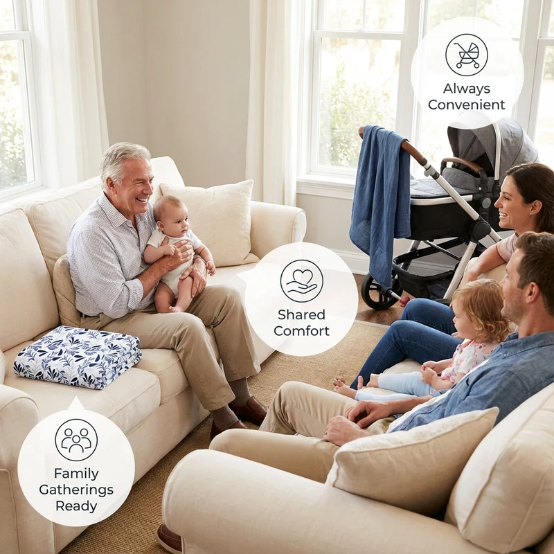 Detail page image of a family with a baby carrier and feature badges