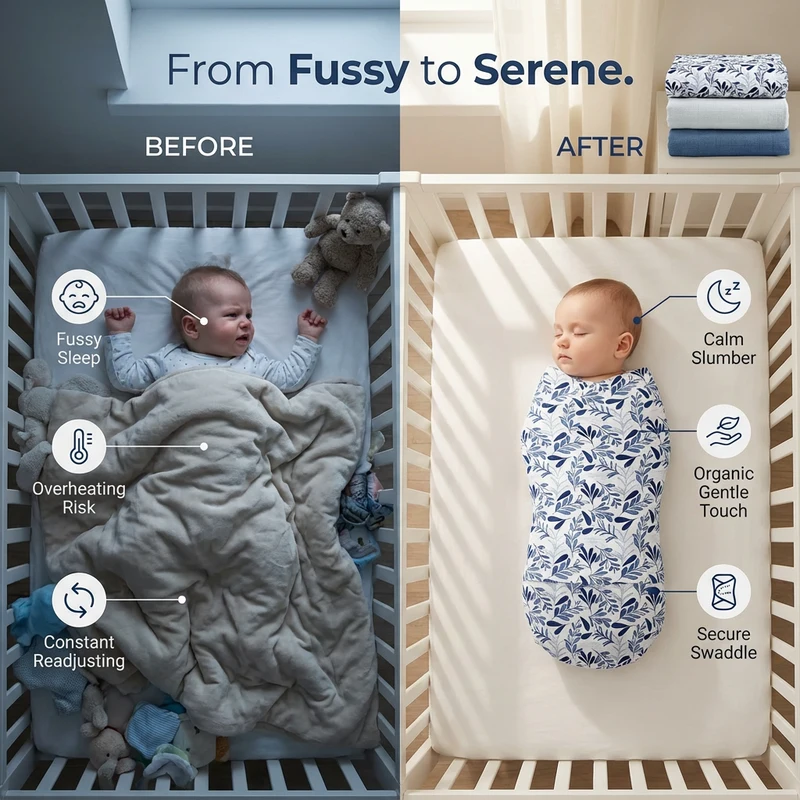 Before and after detail page image for a baby swaddle