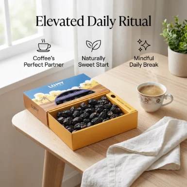 Lifestyle detail page image of a box of dates with a coffee cup