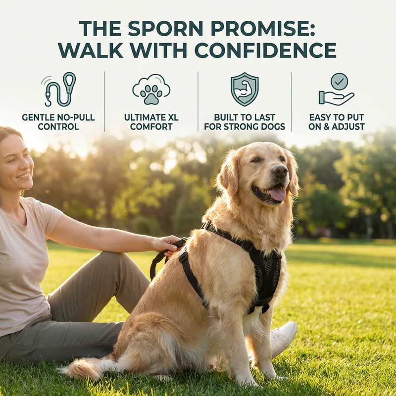 Detail page image of a dog harness with feature icons