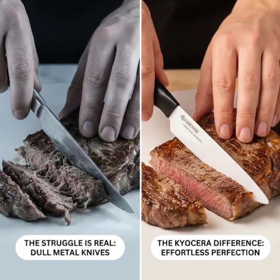 Before and after detail page image comparing a dull knife with a sharp one