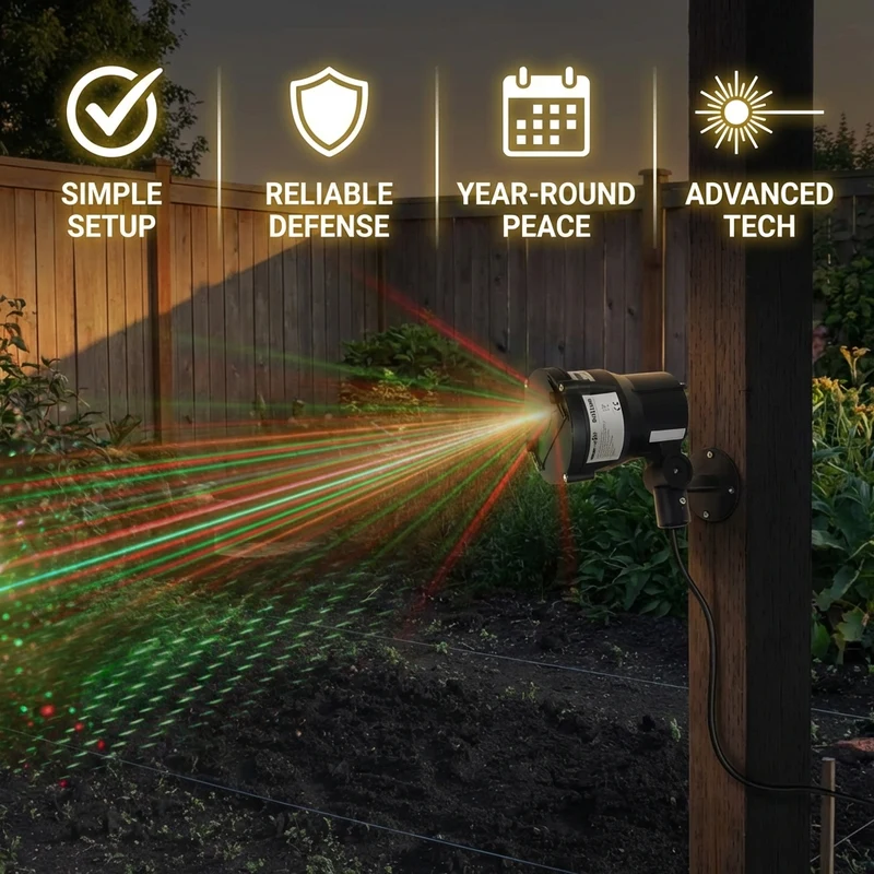 Detail page image of an outdoor laser light with feature icons