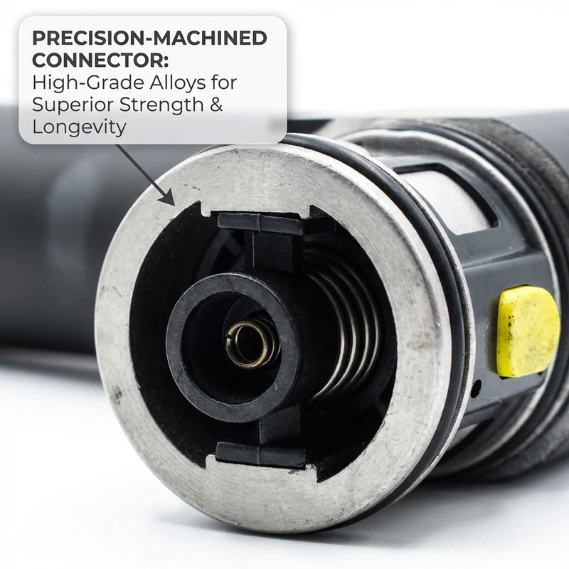 Detail page image of a precision-machined hose connector