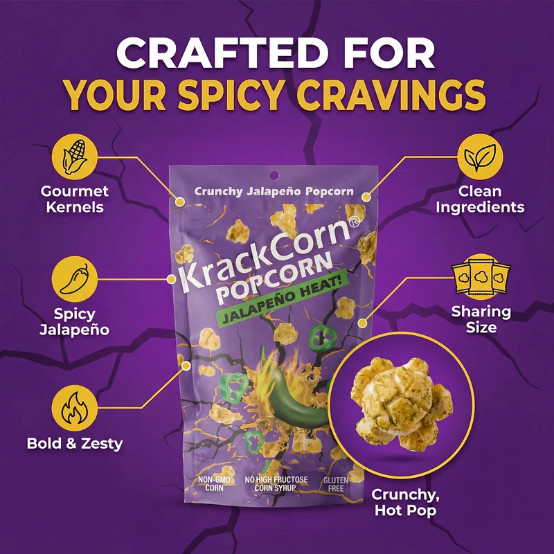 Detail page image of spicy jalapeno popcorn with flavor callouts