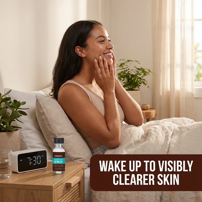 Lifestyle detail page image of a woman waking up with clearer skin