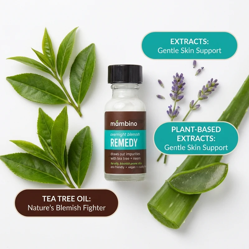 Detail page image of a tea tree oil blemish serum with plant extracts