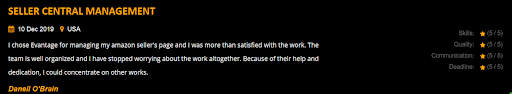 Client review for Evantage Amazon Seller Central Management agency