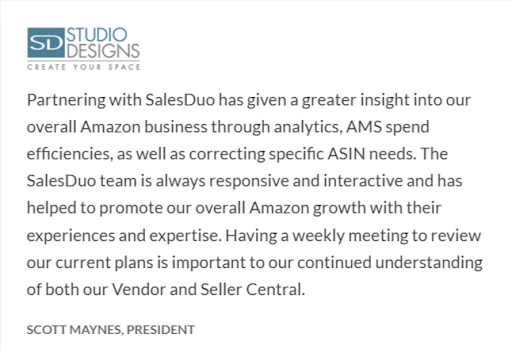 Client review for SalesDuo Amazon Seller Central Management agency