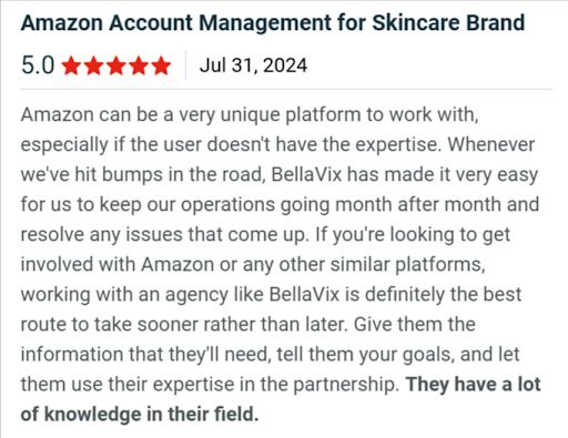 Client review for BellaVix Amazon Seller Central Management agency
