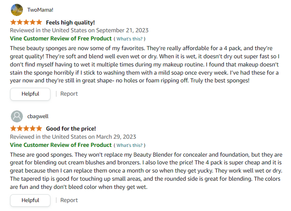 Samples of Amazon VINE review comments