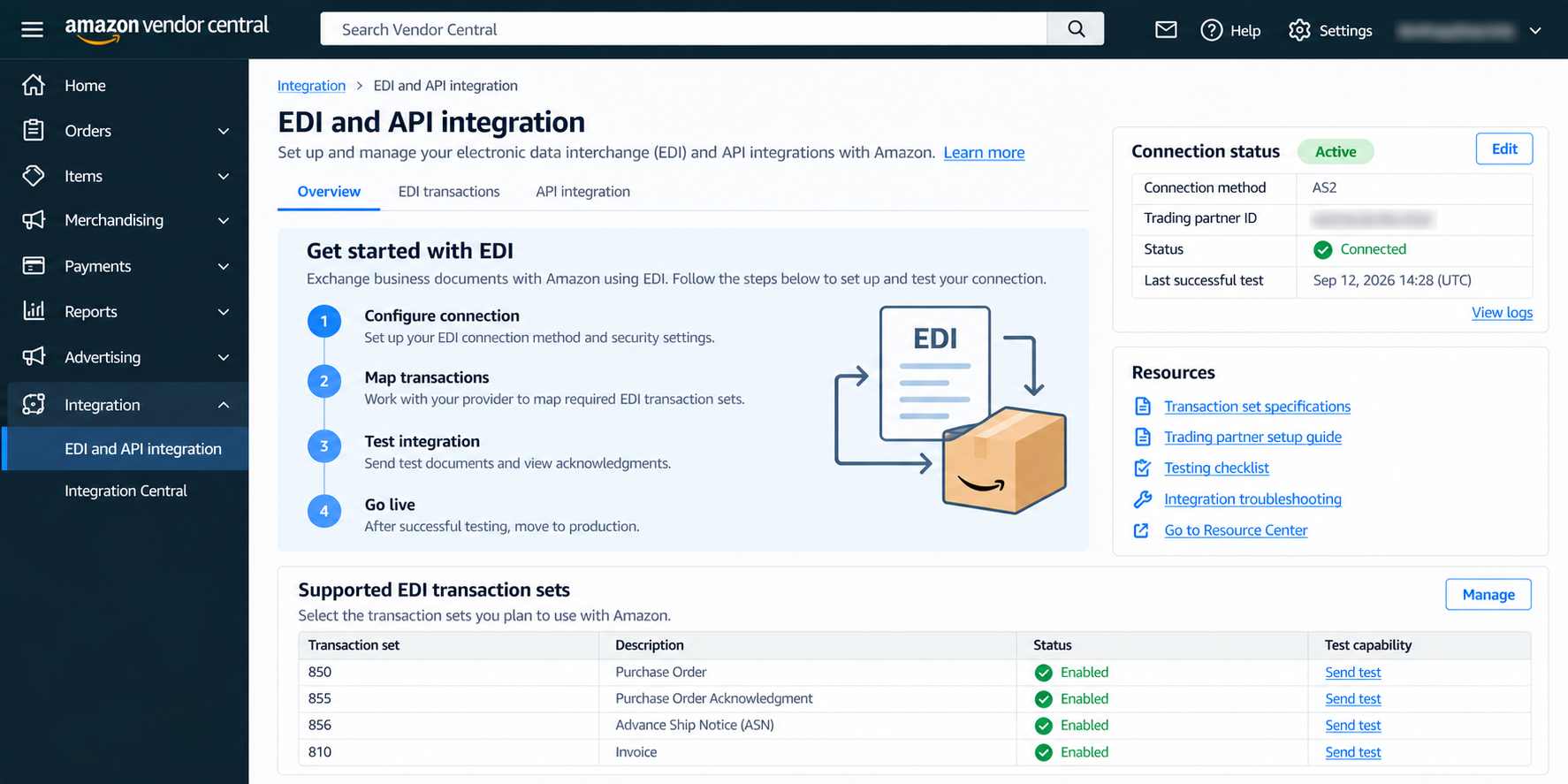 Vendor Central EDI integration screen showing current setup and testing controls for a U.S. vendor account.