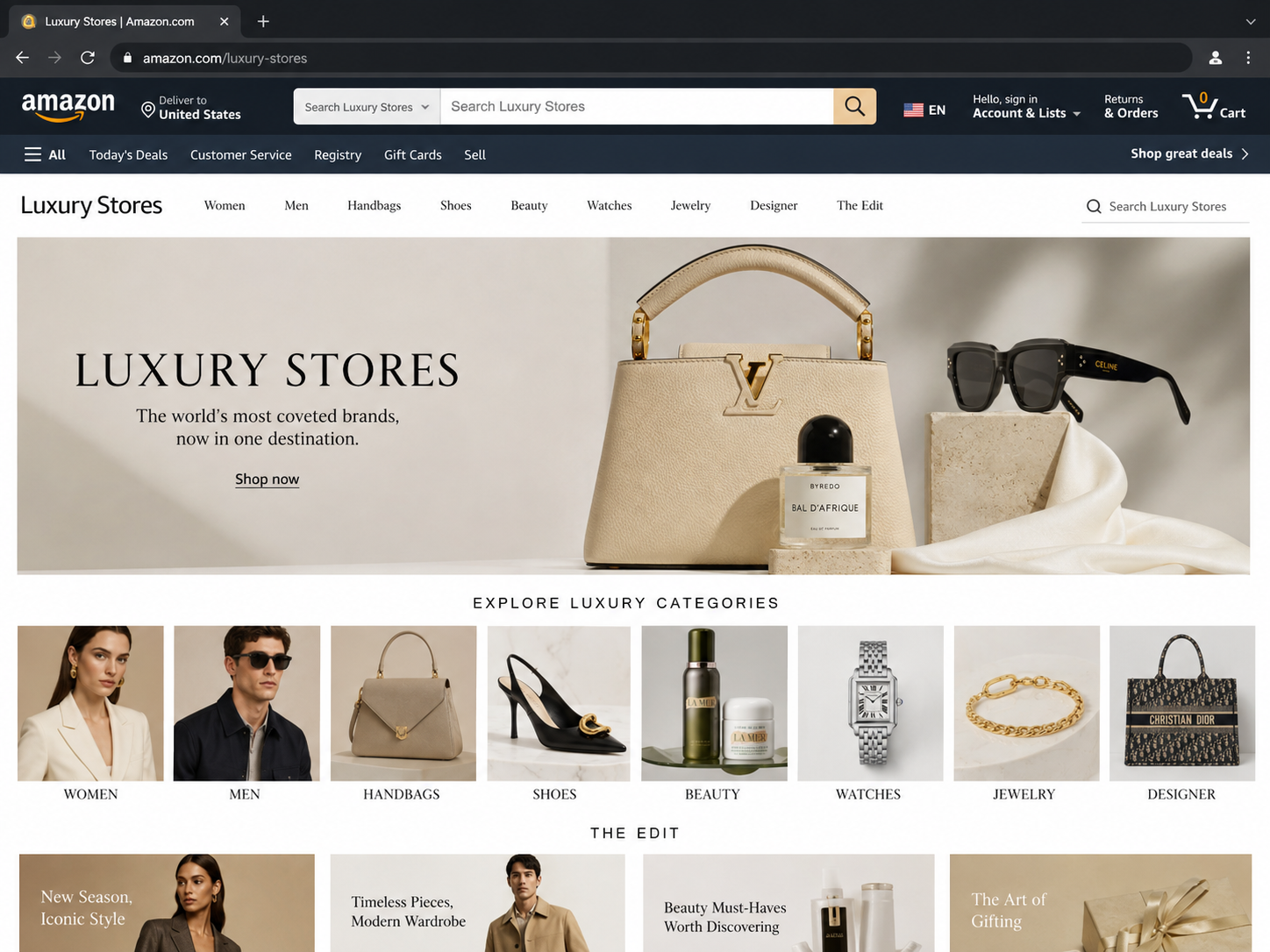 Amazon Luxury Stores navigation observed on Amazon.com on August 5, 2026