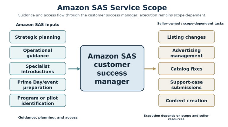 Amazon SAS primarily provides guidance, planning, and access; hands-on execution remains scope-dependent and may stay with the seller.