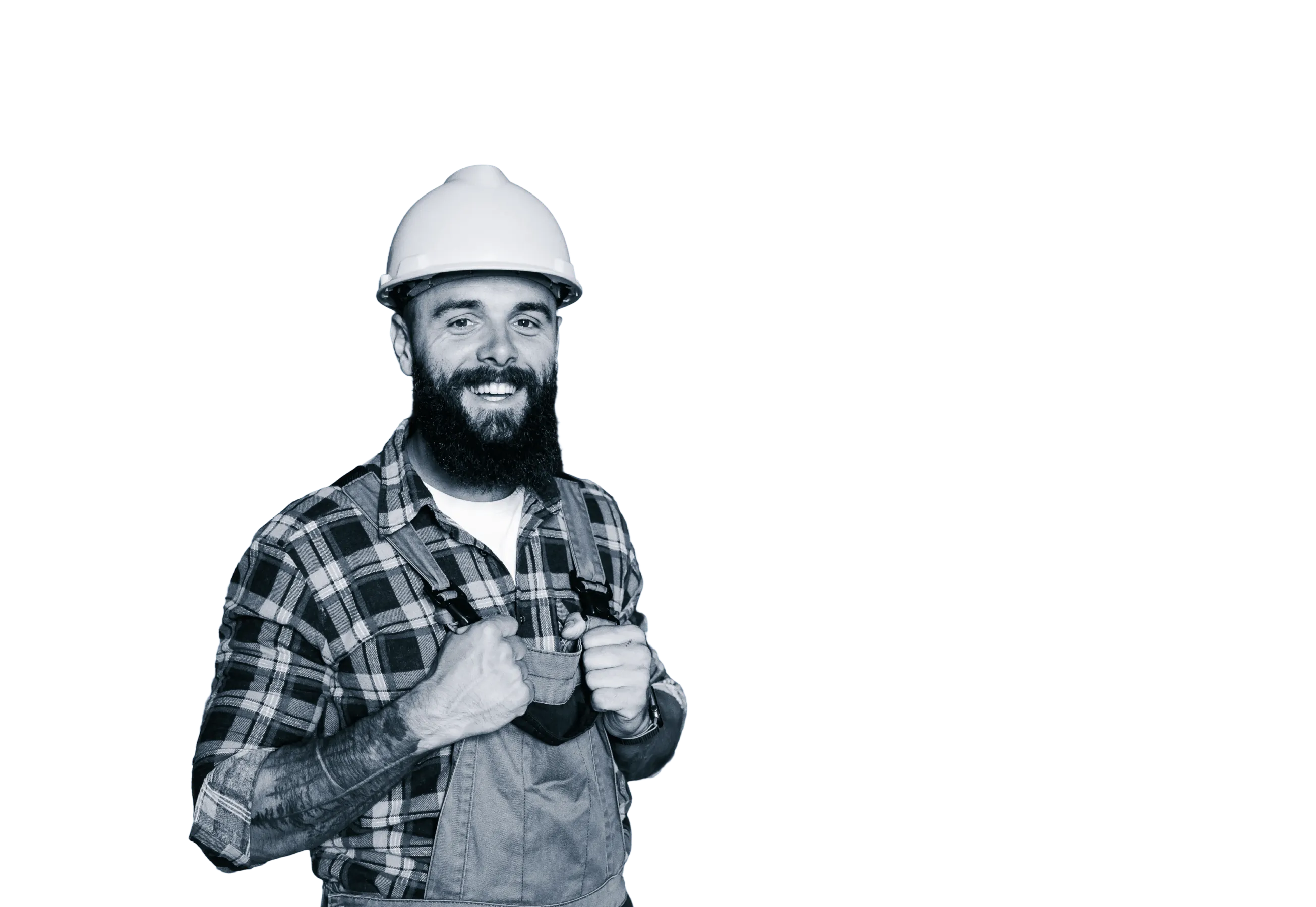 Smiling construction worker wearing a white hard hat and reflective safety vest with arms crossed.