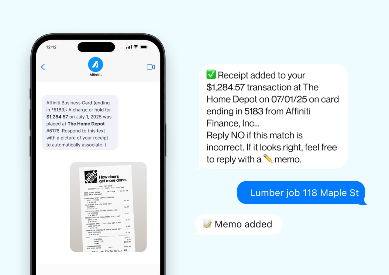 Smartphone showing text message exchange adding a Home Depot receipt and memo for a $1,284.57 charge.