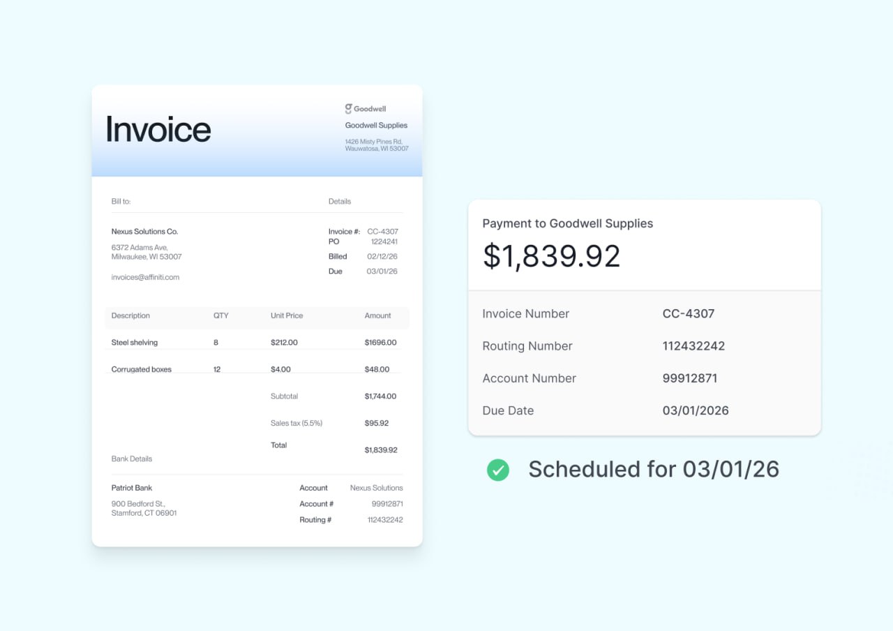 Invoice and payment details showing $1,839.92 to Goodwell Supplies scheduled for 03/01/26.