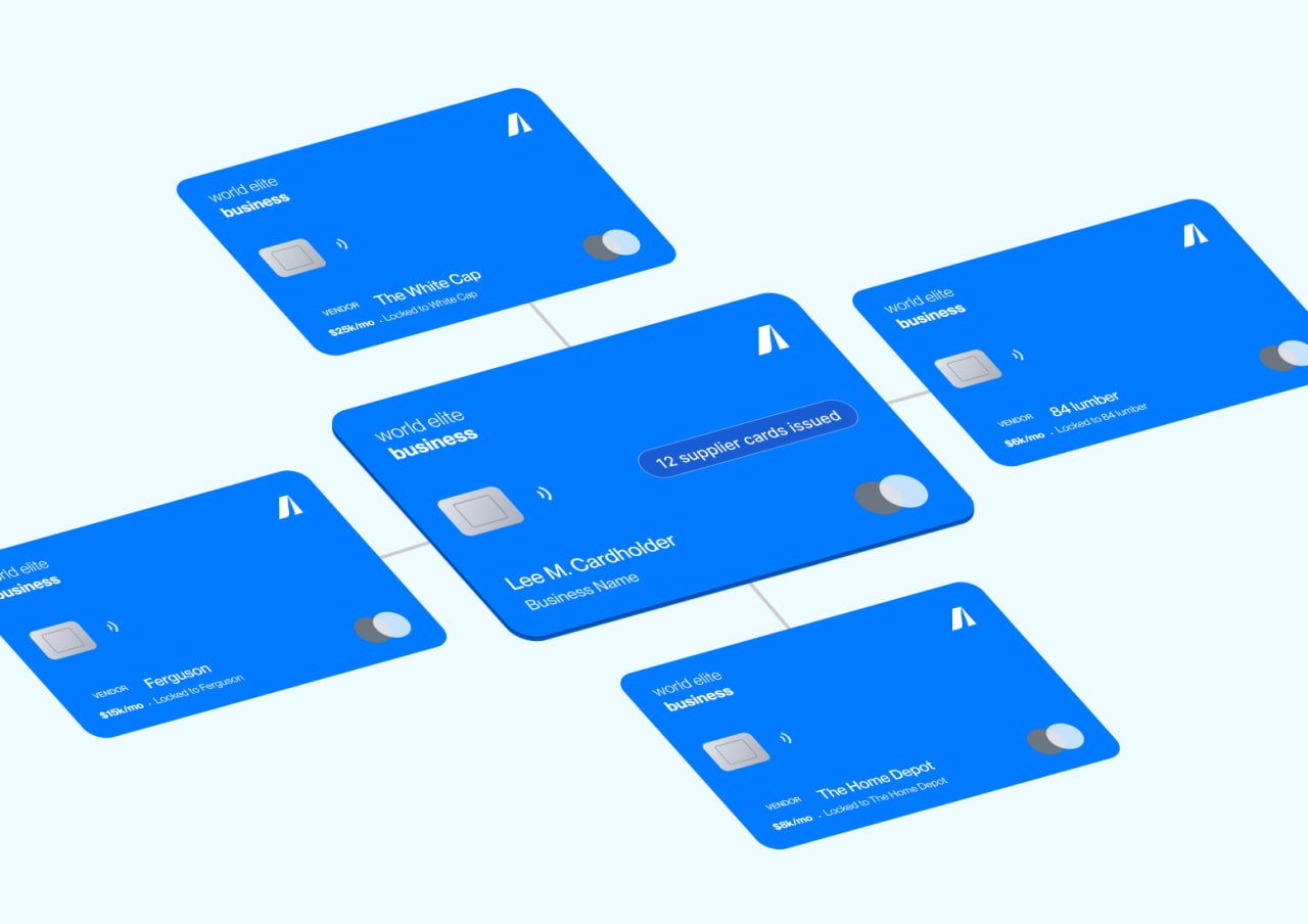 Blue business credit cards connected in a network with vendor names and monthly spend amounts.