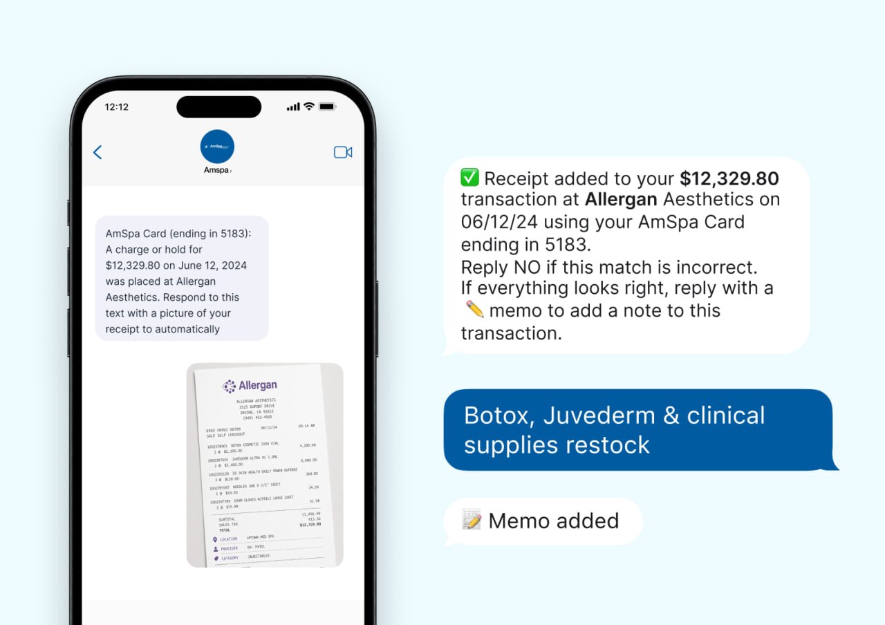 Phone screen shows text chat confirming $12,329.80 transaction at Allergan with receipt and memo note.