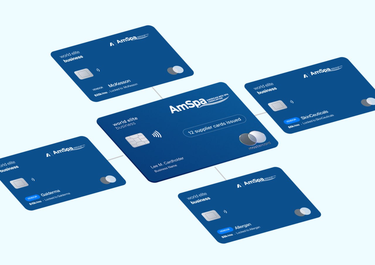 Network of five blue AmSpa business credit cards labeled with vendor names and $ amounts.