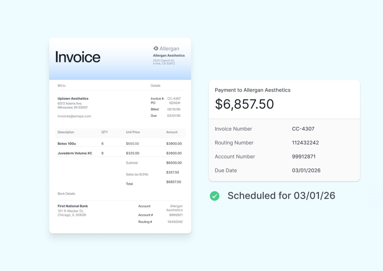 Invoice from Allergan Aesthetics showing $6,857.50 payment due with bank and account details.