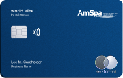 Blue AmSpa World Elite Business credit card with chip, contactless icon, and Mastercard logo