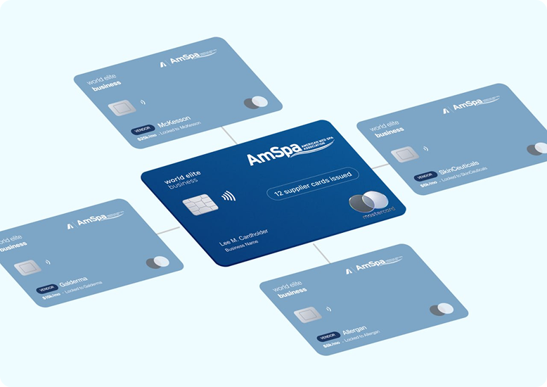 Dark blue AmSpa World Elite business card connected to four linked light blue supplier cards.