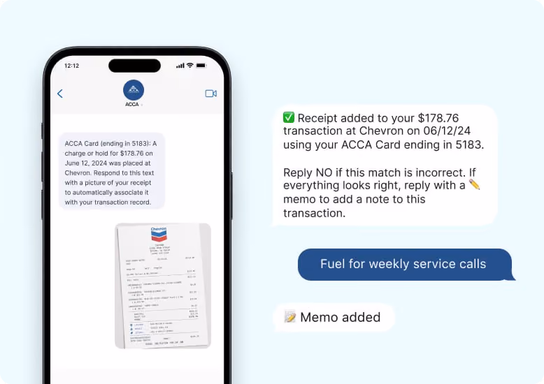 Phone screen shows text exchanges adding receipt and memo for a $178.76 Chevron charge on ACCA Card.