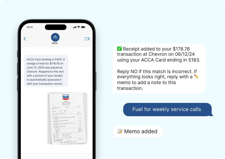 Phone screen shows text exchanges adding receipt and memo for a $178.76 Chevron charge on ACCA Card.