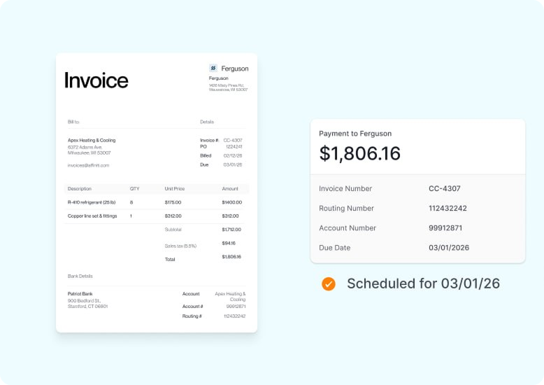 Invoice and payment confirmation for $1,806.16 to Ferguson scheduled for 03/01/26.