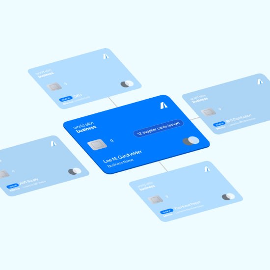 Blue business credit card labeled World Elite Business connected to four lighter blue cards, showing a network layout.