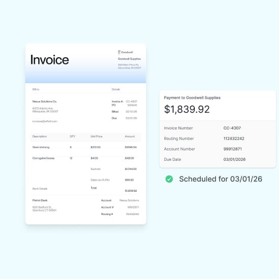 Invoice and payment confirmation for Goodwell Supplies totaling $1,839.92 scheduled for 03/01/26.