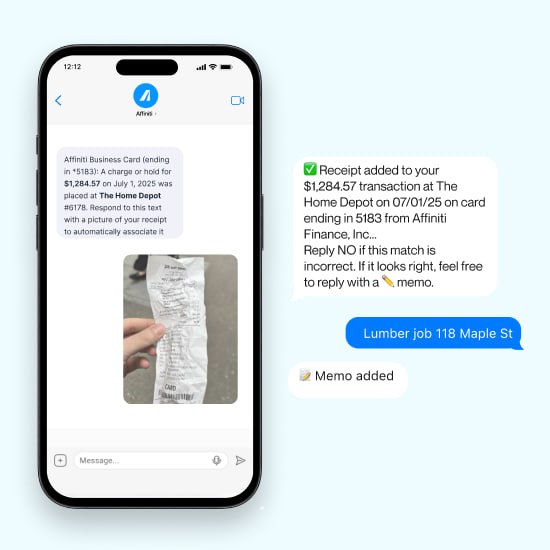 Phone screen showing text messages about a $1,284.57 Home Depot transaction with a receipt photo and a memo added.