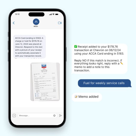 Smartphone showing text about $178.76 Chevron charge needing receipt photo, confirming receipt match and memo added.