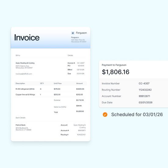 Invoice showing a $1,806.16 payment to Ferguson, detailing items, billing, and scheduled due date of 03/01/26.