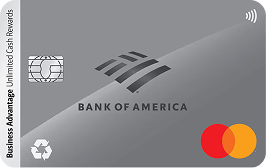 Gray Bank of America credit card with chip, contactless payment symbol, Mastercard logo, and vertical text reading Business Advantage Unlimited Cash Rewards.