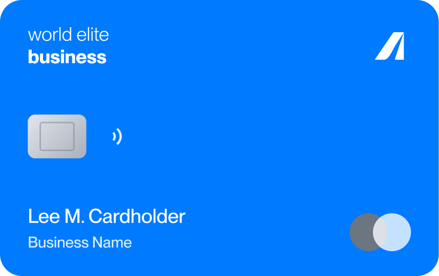 Blue credit card with silver chip and contactless payment symbol, labeled world elite business, with cardholder name Lee M. Cardholder and Business Name below, showing a white logo in top right and a dual-circle payment logo in bottom right.
