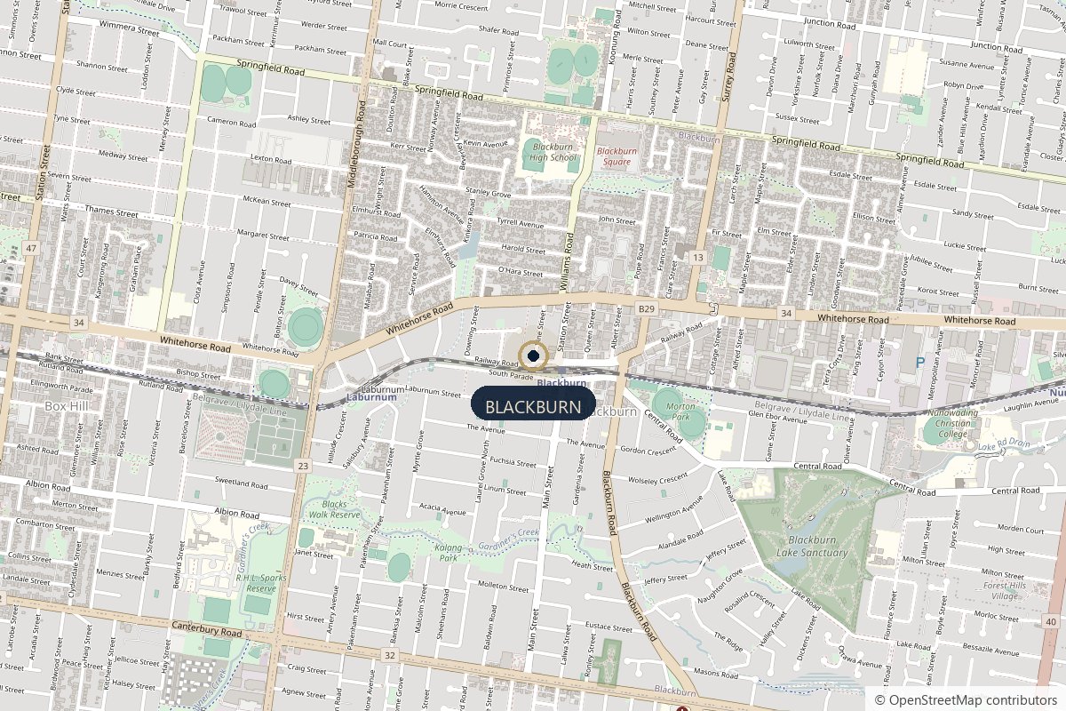 Map of Blackburn, Victoria, showing the station, Whitehorse Road and Blackburn Lake Sanctuary