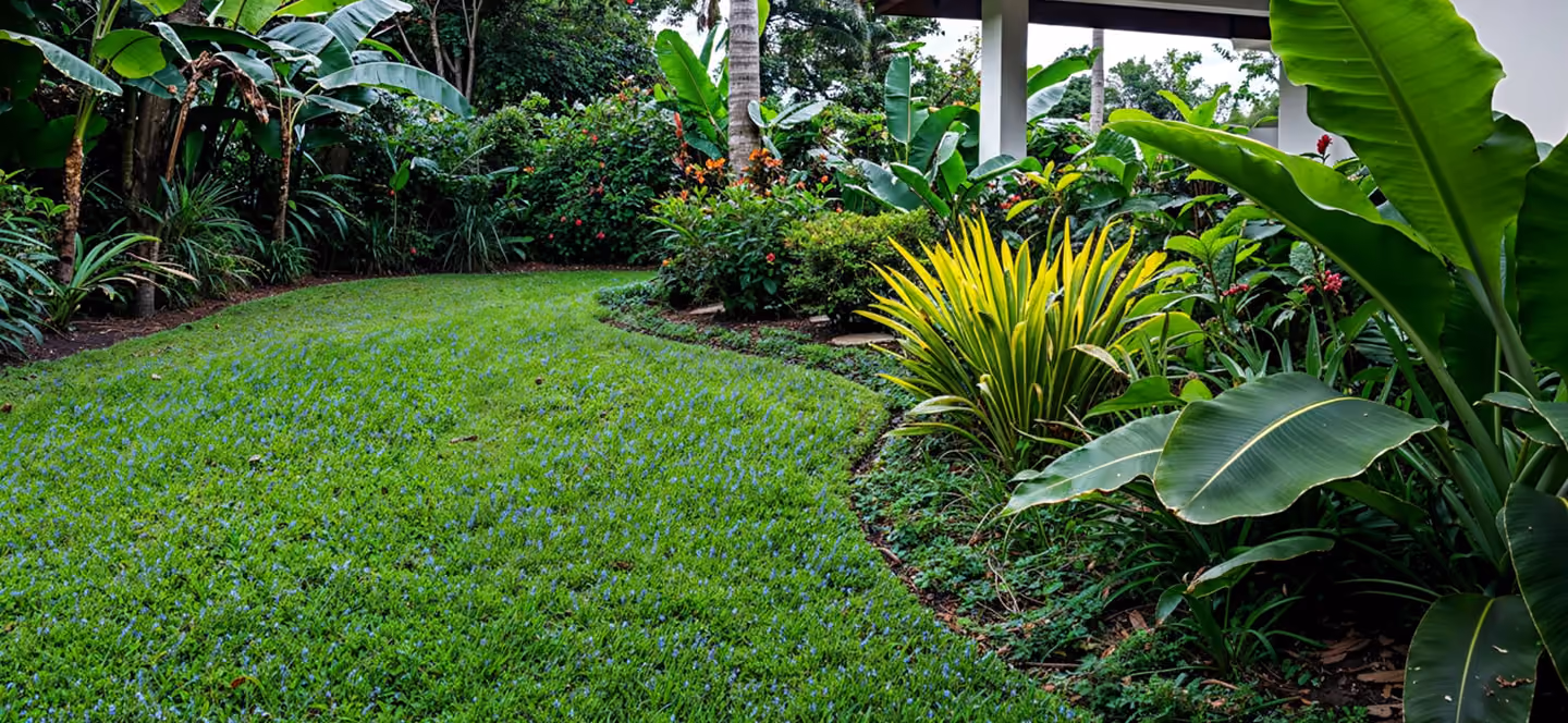 Curved lush green lawn bordered by tropical plants and large leafy greenery under an open structure.