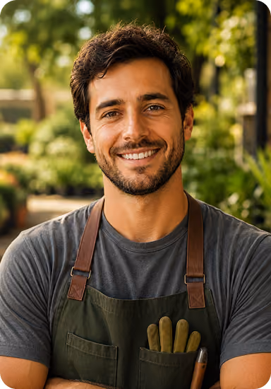 Smiling man with short curly hair wearing an apron and gardening gloves in pocket outdoors.