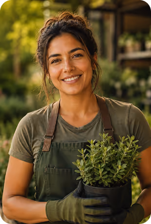 Smiling woman in gardening gloves holding a potted plant with green leaves outdoors.