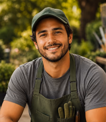 Smiling man wearing a green cap and apron, standing outdoors with gardening gloves in his apron pocket.