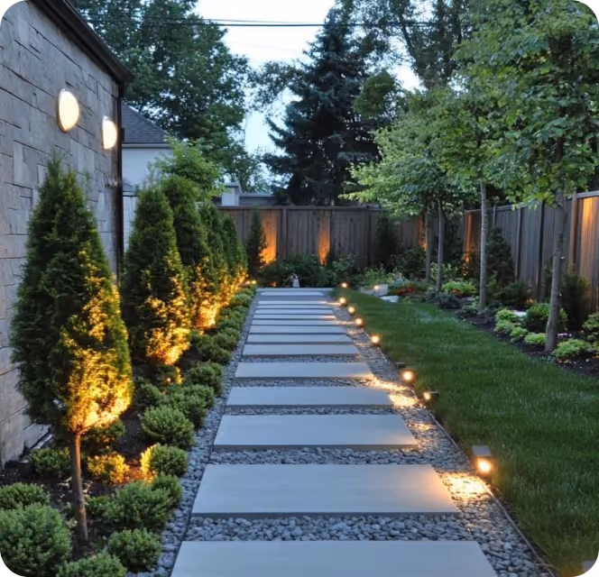 Evening view of a modern garden path with rectangular stones, lit small lights, and trimmed bushes.