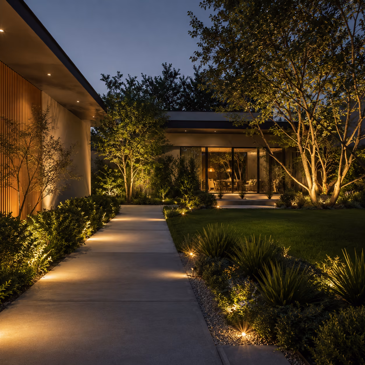 Night view of a modern house entrance with lit pathway, trees, shrubs, and large glass doors.